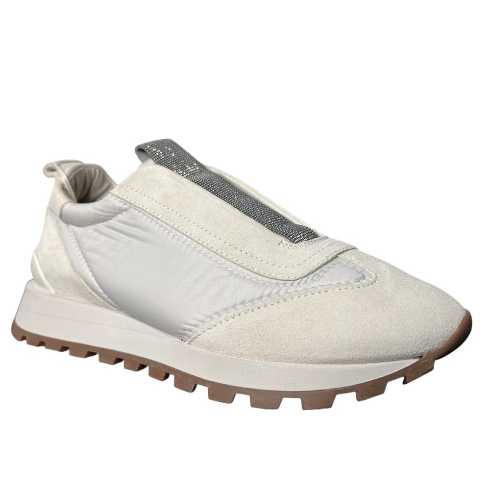 NWT Brunello Cucinelli White Slip-On Suede Sneakers Monili Trim Size EU 37
